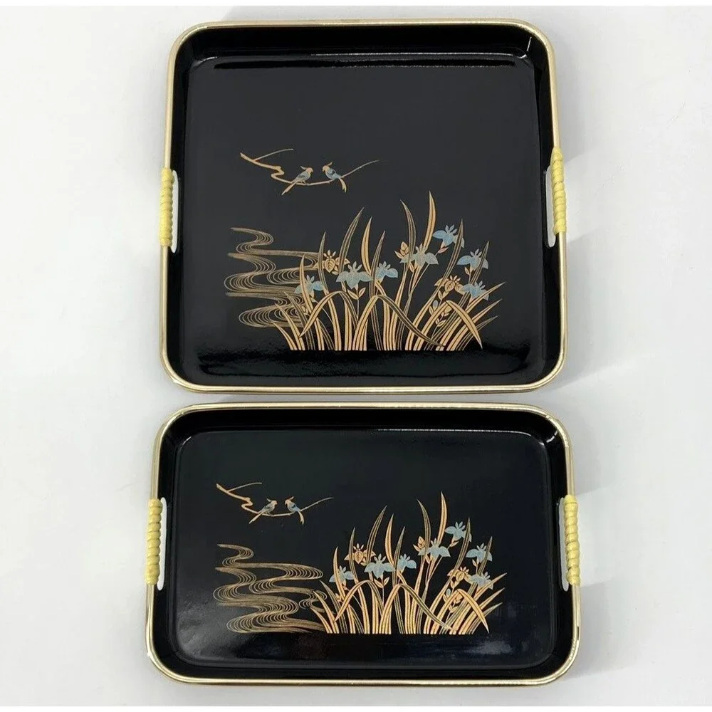 2 Set Vtg Toyo Japan Blue Iris Birds Black Lacquer Decorative Trays Gold Reeds